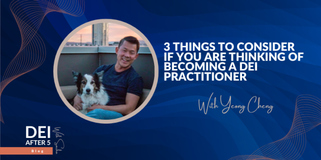 Yeong is sitting on a couch wearing a blue short sleeved shirt and teal pants. Their dog is under their right arm.